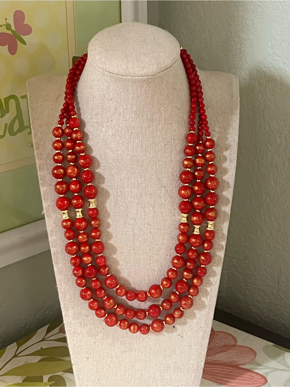NWT Barse Red Jade Multi-Strand Beaded Necklace with Gold Accents #BJNK